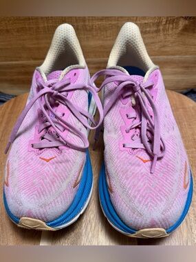 Hoka One One | Women’s Pink and Blue Clifton 9 Running Shoe, Size 7.5B